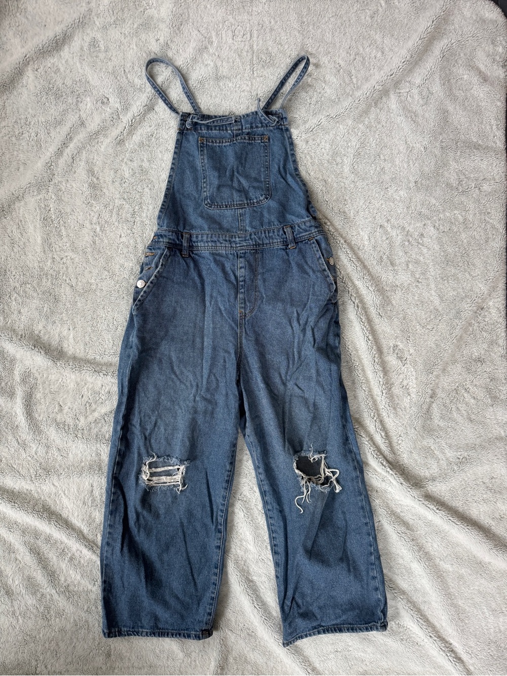 Denim Distressed Overalls - Dark Blue